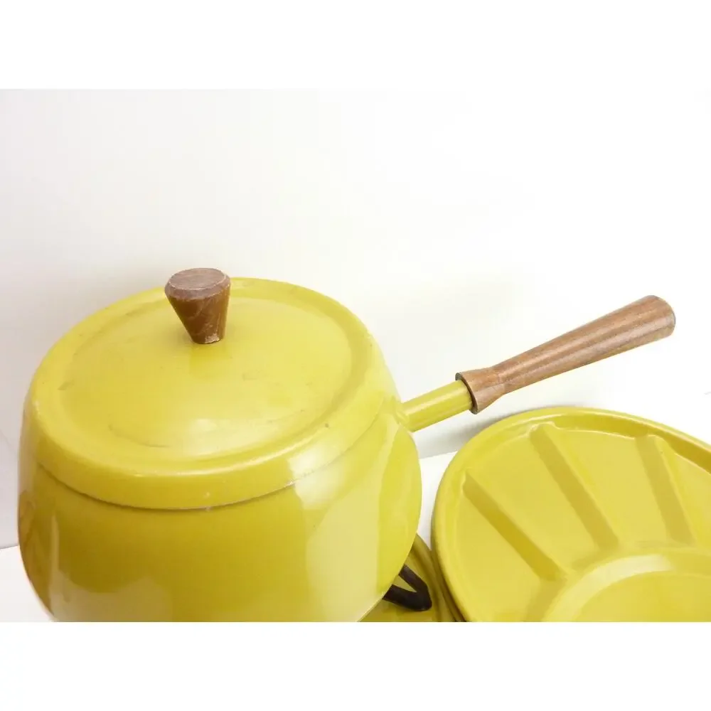 Vintage MCM Japan Yellow Aluminum Fondue Pot Set Wood Handles Plates